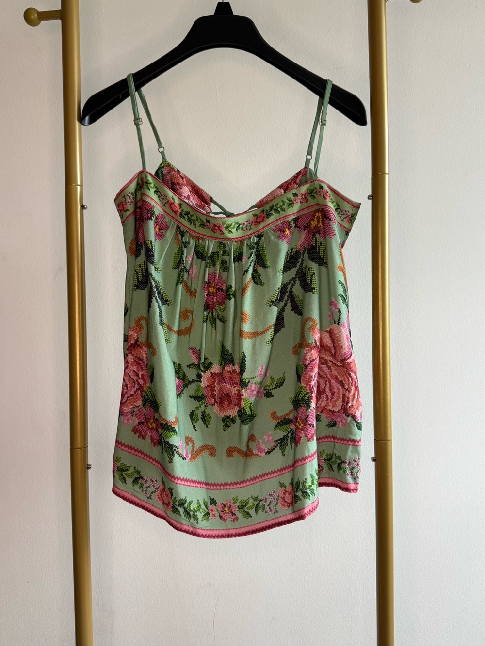 FARM Rio Mint Green Floral Print Silk Cami with Pink Roses
